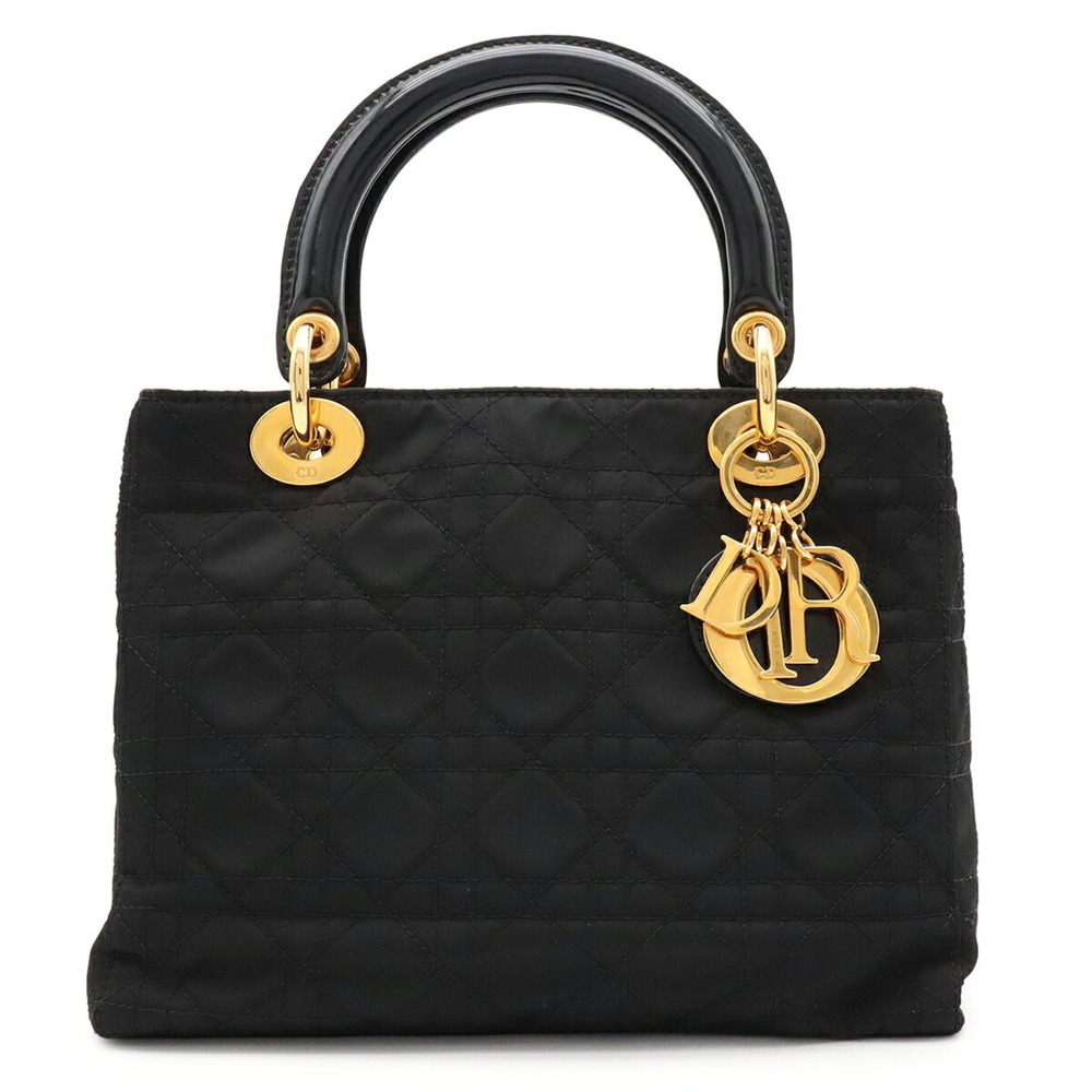 Christian Dior Lady Cannage Handbag Tote Bag Nylon Leather Black